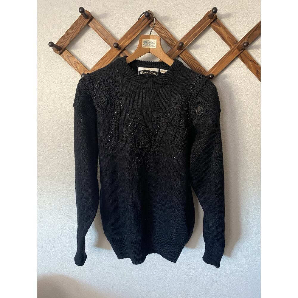Vintage Dana Scott Floral Sweater Rosette Embroidered Beaded Crew Neck Women’s M